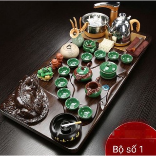 Bộ bàn trà khay trà gỗ khắc chieu tài có máy đun nước tự động kèm ấm chén pha trà đạo