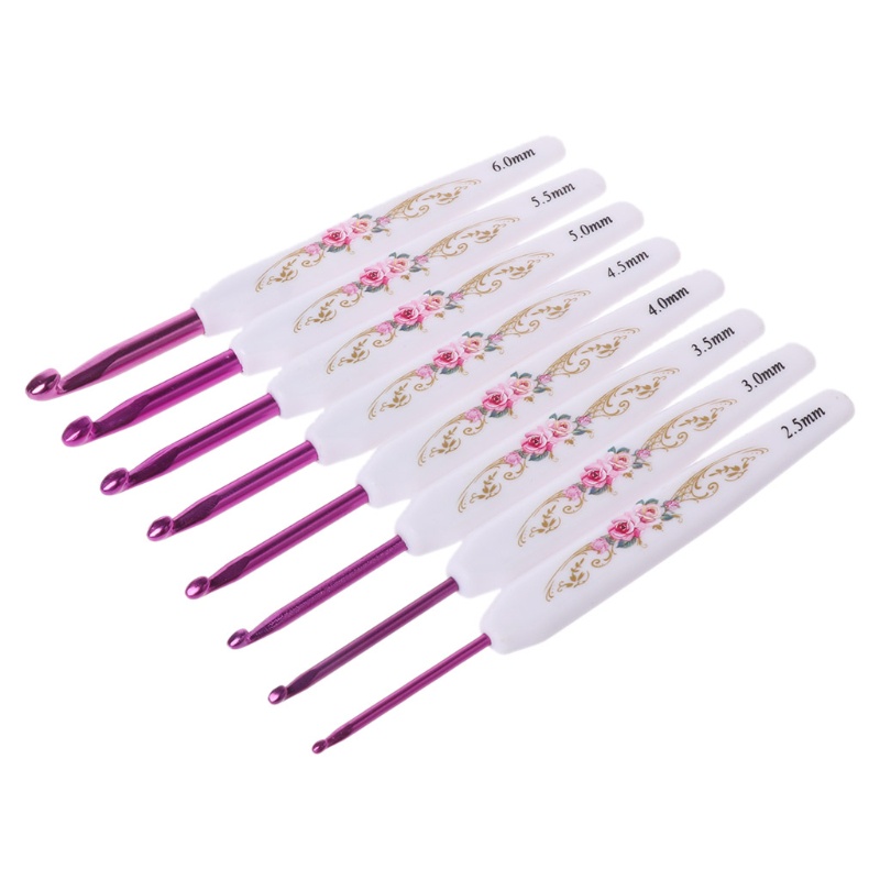 Set 8 kim móc nhôm tay cầm nhựa họa tiết hoa để đan len tiện lợi