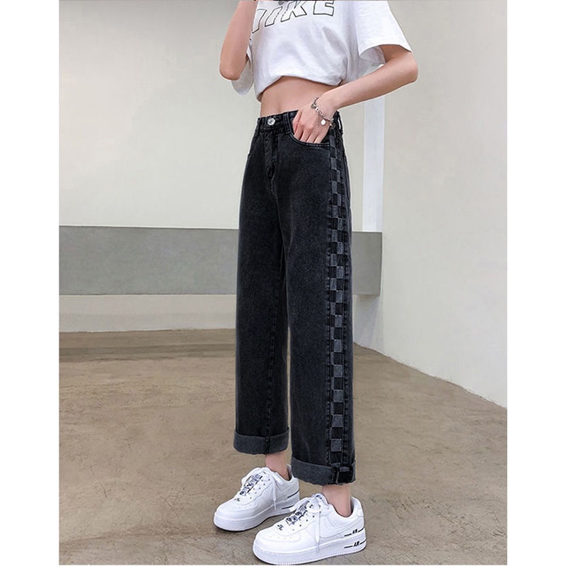Plus Quần Jean Dài Lưng Cao Ống Rộng Sọc Ca Rô Thời Trang Trẻ Trung