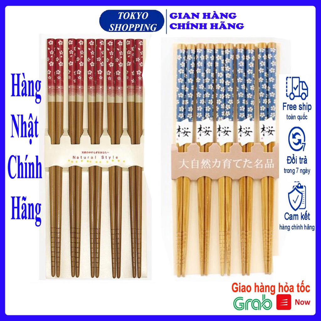 Set 5 đôi đũa ăn Nhật mẫu hoa xanh và hoa đỏ Hàng Nhật Chính Hãng