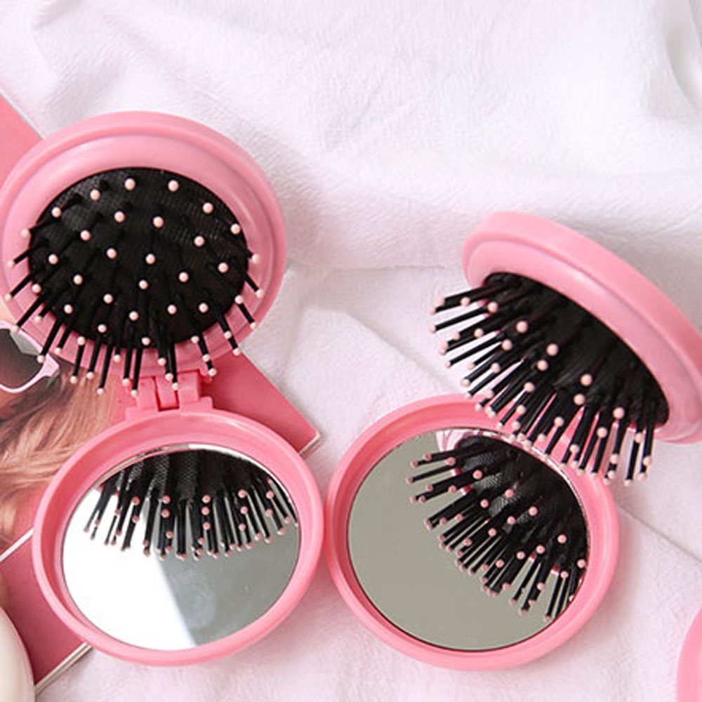 [Hàng mới về] Lược tích hợp gương họa tiết hoạt hình gấp gọn kiểu tròn thời trang Hàn Quốc tiện dụng