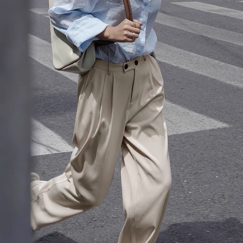 Quần dài cạp cao ống rộng đơn giản thanh lịch thời trang