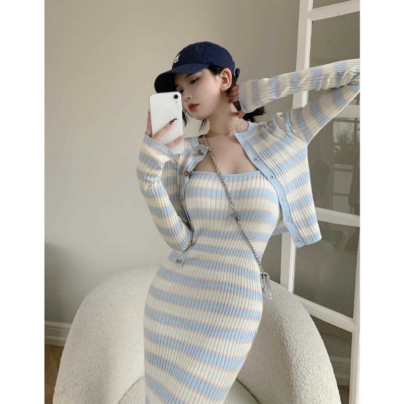 COZOK Bộ đầm dệt kim kẻ sọc + áo khoác tay dài thời trang