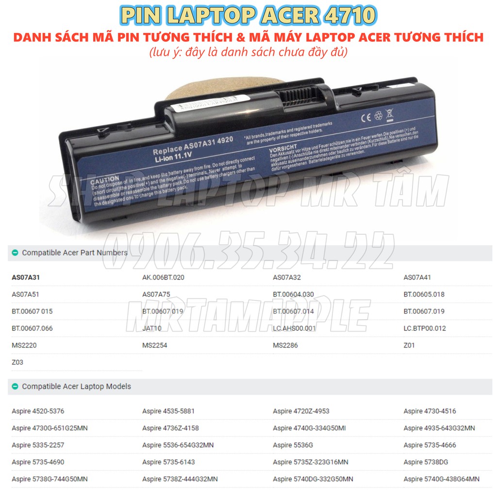 (BATTERY) Pin Laptop ACER 4710 (AS07A31) 6 CELL - Aspire 4220 4310 4332 4336 4540 4540G 4710 4710G 4710Z 4710ZG 4715Z