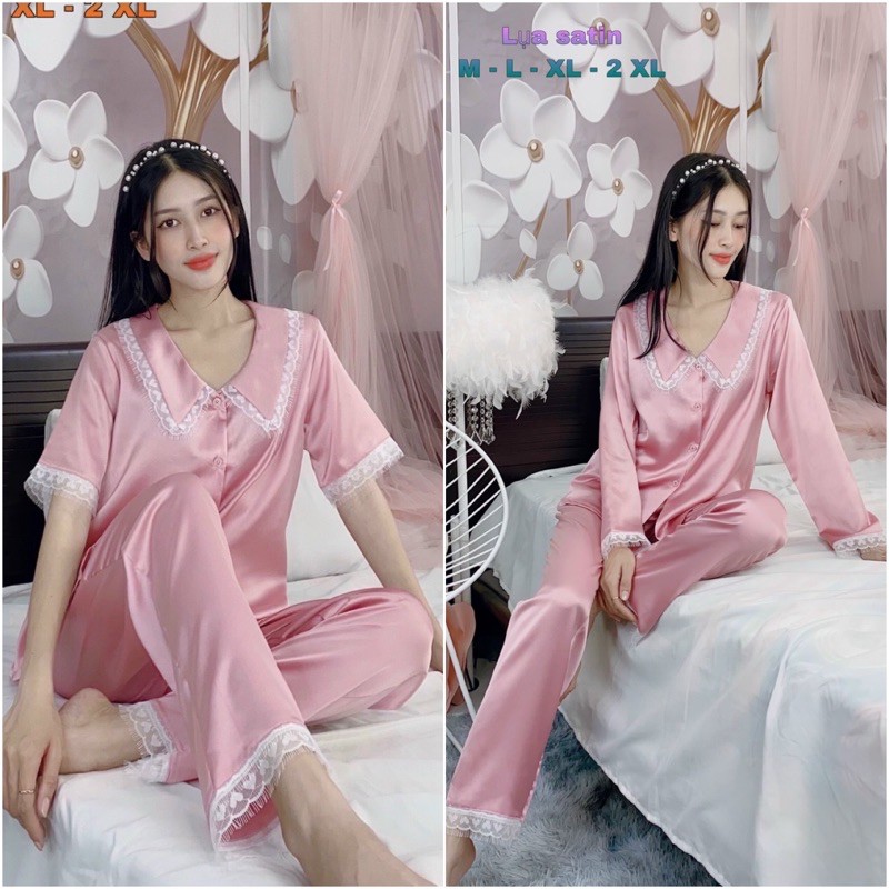 4size M-L-XL-2XL🍀 Bộ Pijama LỤA SATIN PHỐI REN, có túi quần Mi Cần Thơ