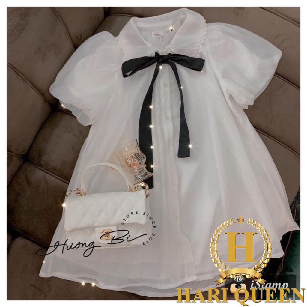 Áo babydoll voan viền cổ ren thắt nơ đen dáng xòe tay bồng HARIQUEEN