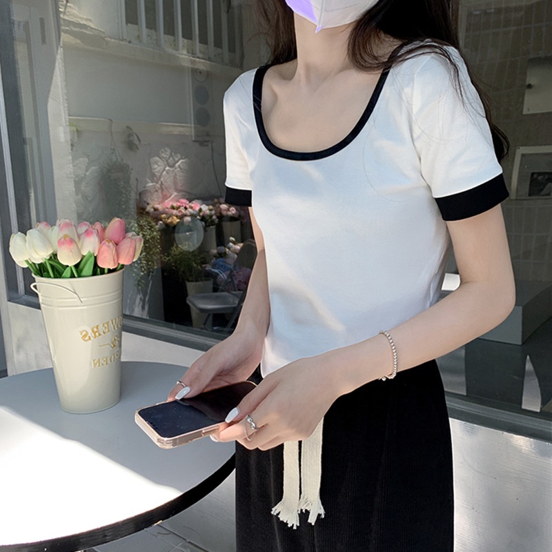 Áo thun SUXI ngắn tay cổ tròn màu tương phản thời trang mùa hè cho nữ