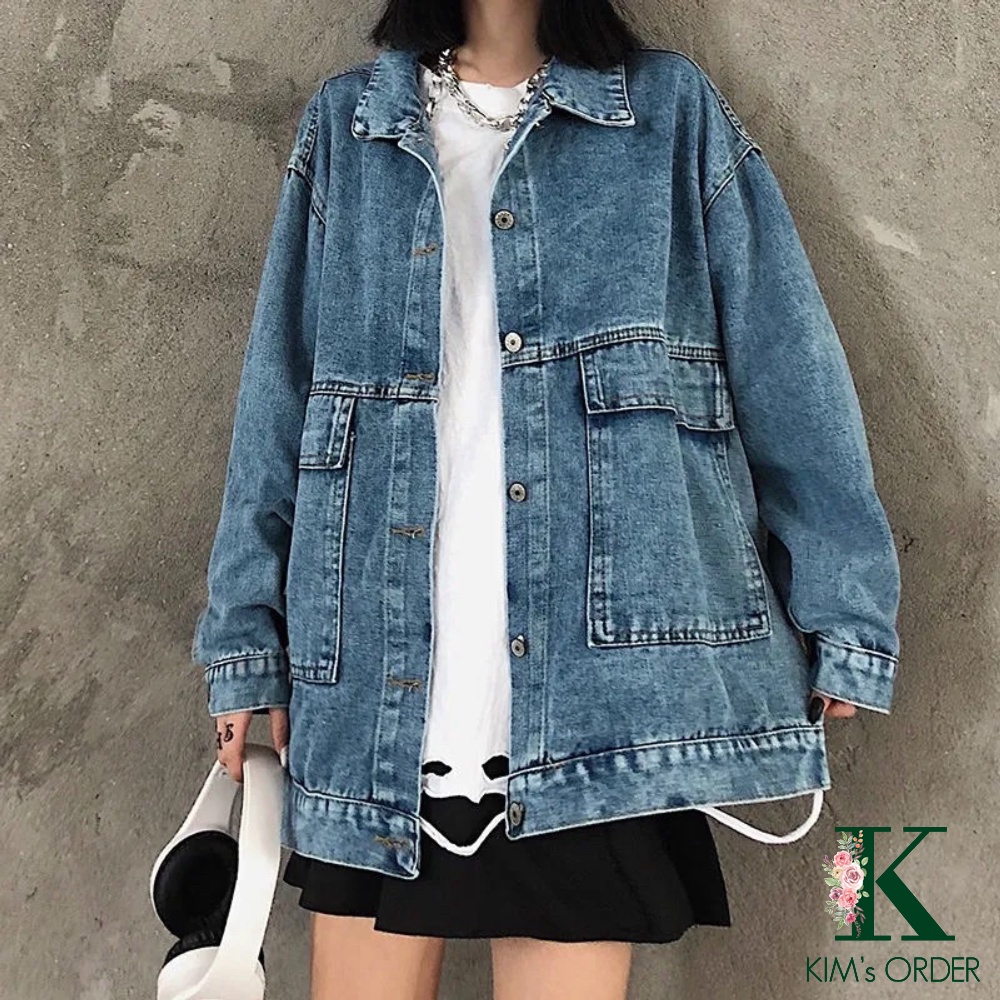 Áo khoác jean nữ màu xanh và đen dài tay phom rộng cổ sơ mi Unisex phong cách Ulzzang Hàn Quốc cá tính cho nam chất đẹp