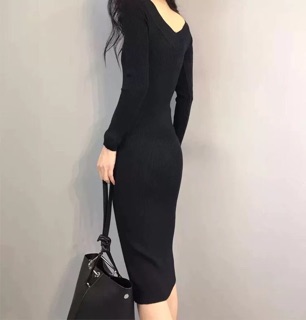 Váy thun gân cổ tim tay dài