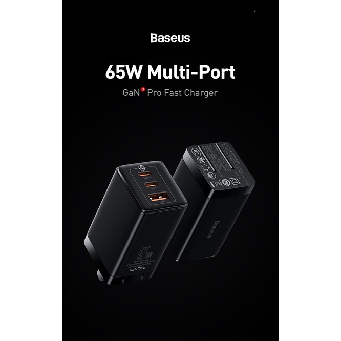 Bộ cốc sạc 3 cổng và cáp TypeC to TypeC Baseus GaN3 Pro 65W hỗ trợ PD3.0/ PPS/ QC4.0/ SCP/ FCP - Hãng phân phối