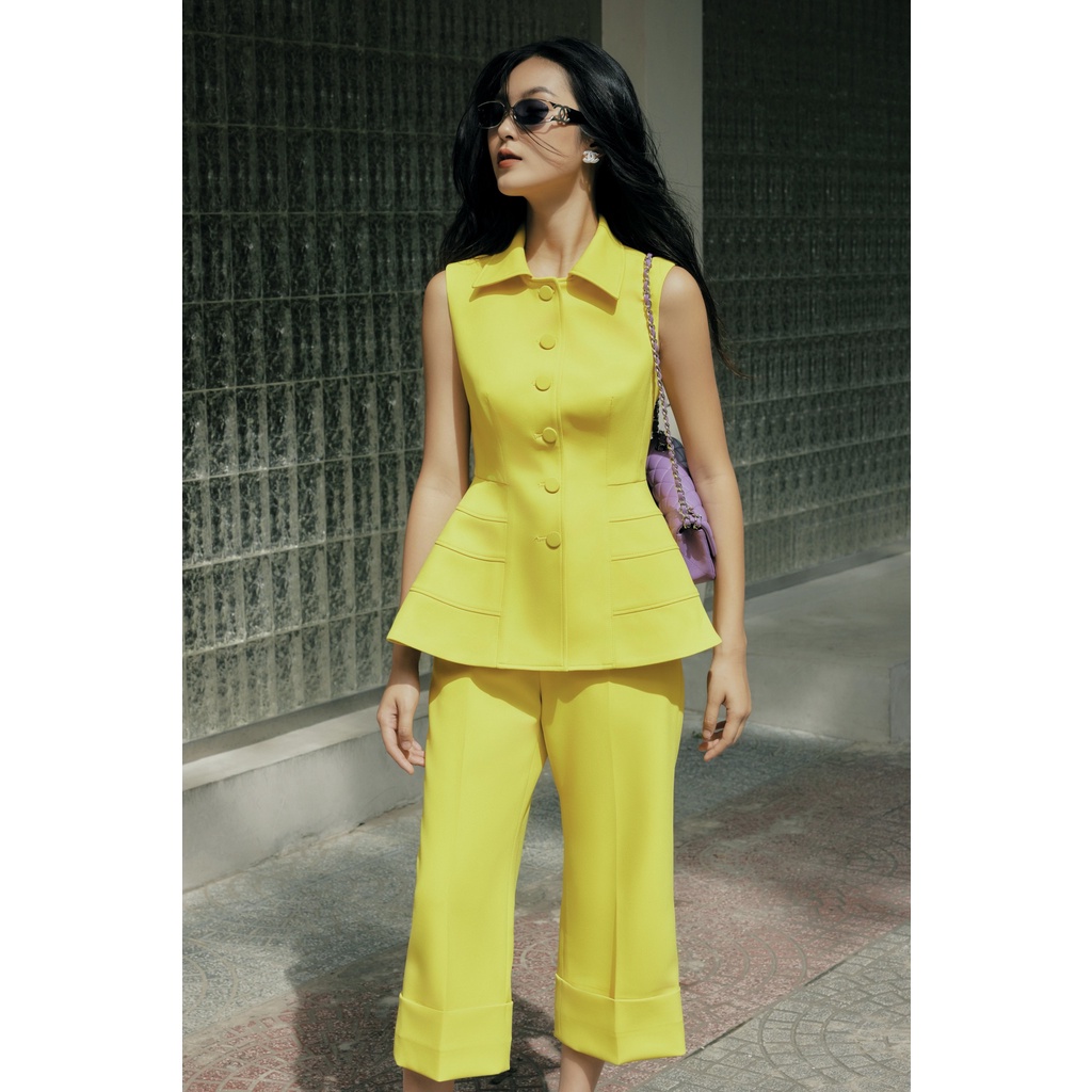 Set áo vest gile peplum vàng chanh, quần suông lửng gập gấu HUONG BOUTIQUE - HBVEST196 HBQ88