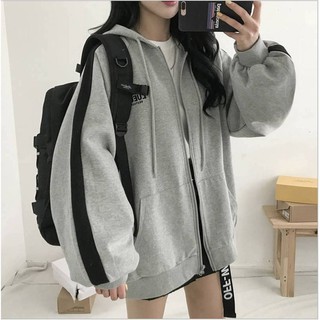 Áo khoác hoodie nỉ da cá màu xám kẻ sọc đen kiểu dáng năng động oversize