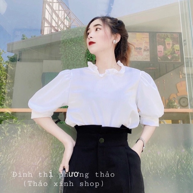 Áo sơ mi nữ cổ bèo tay phồng trắng B.Bee Store