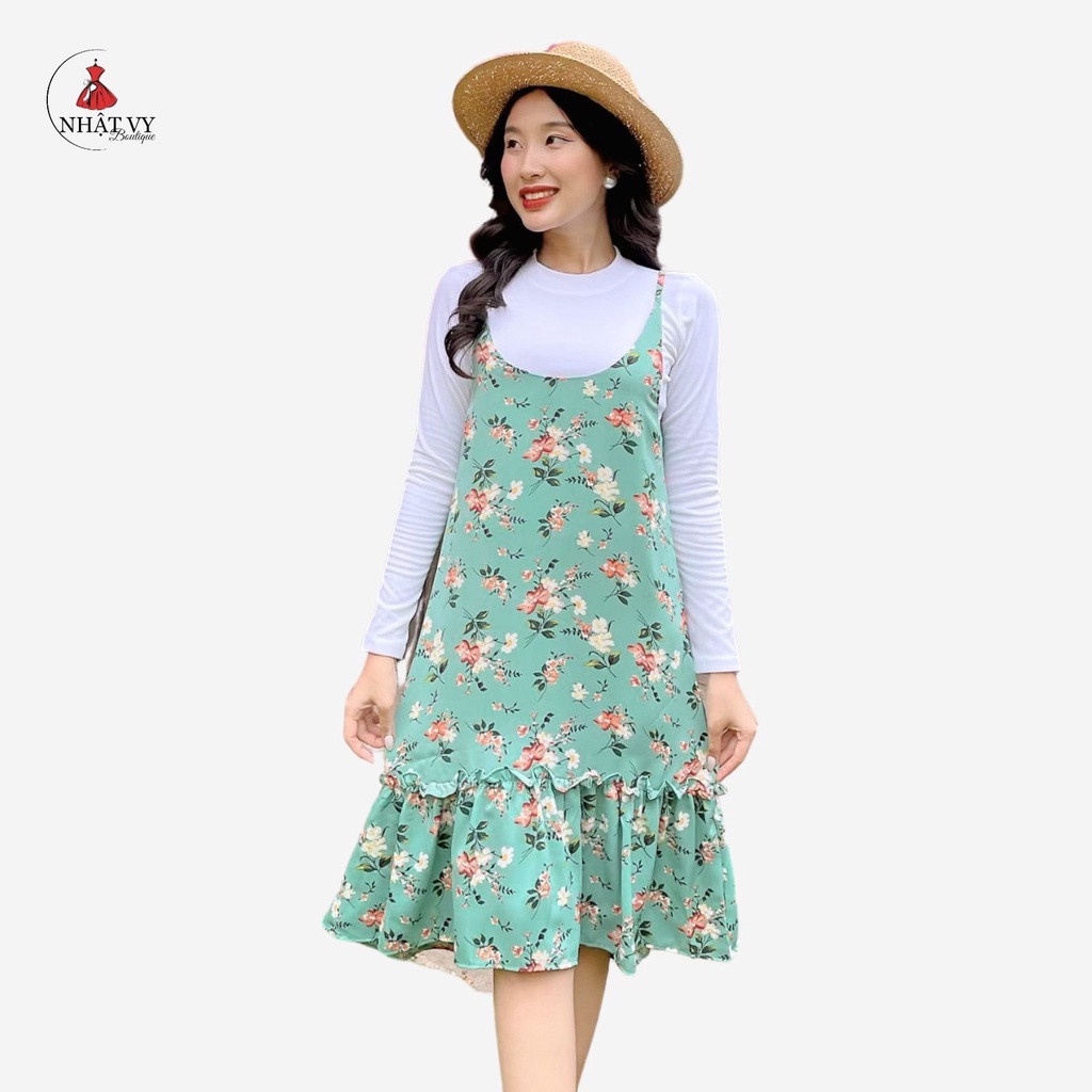 Đầm Hoa 2 Dây NHẬT VY Chất Mango Không Kèm Áo Đi Chơi Dáng Suông Phối Đuôi Cá Màu Xanh, Hồng - D1830