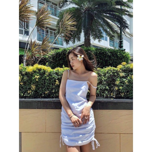 đầm body nhúng hai dây ngắn trên gối hai bên thắt nơ , chất liệu vải thun lụa mềm mịn có co giãn , free size 43kg-54kg