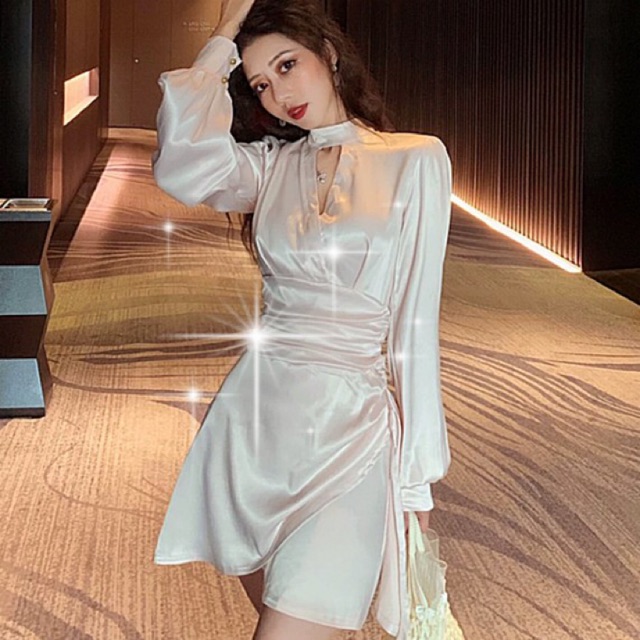 [Sẵn Hàng]♥️Đầm,Váy Lụa Xẻ Ngực Nhún Eo Ulzzang(ảnh thật)Size S,M,L | BigBuy360 - bigbuy360.vn