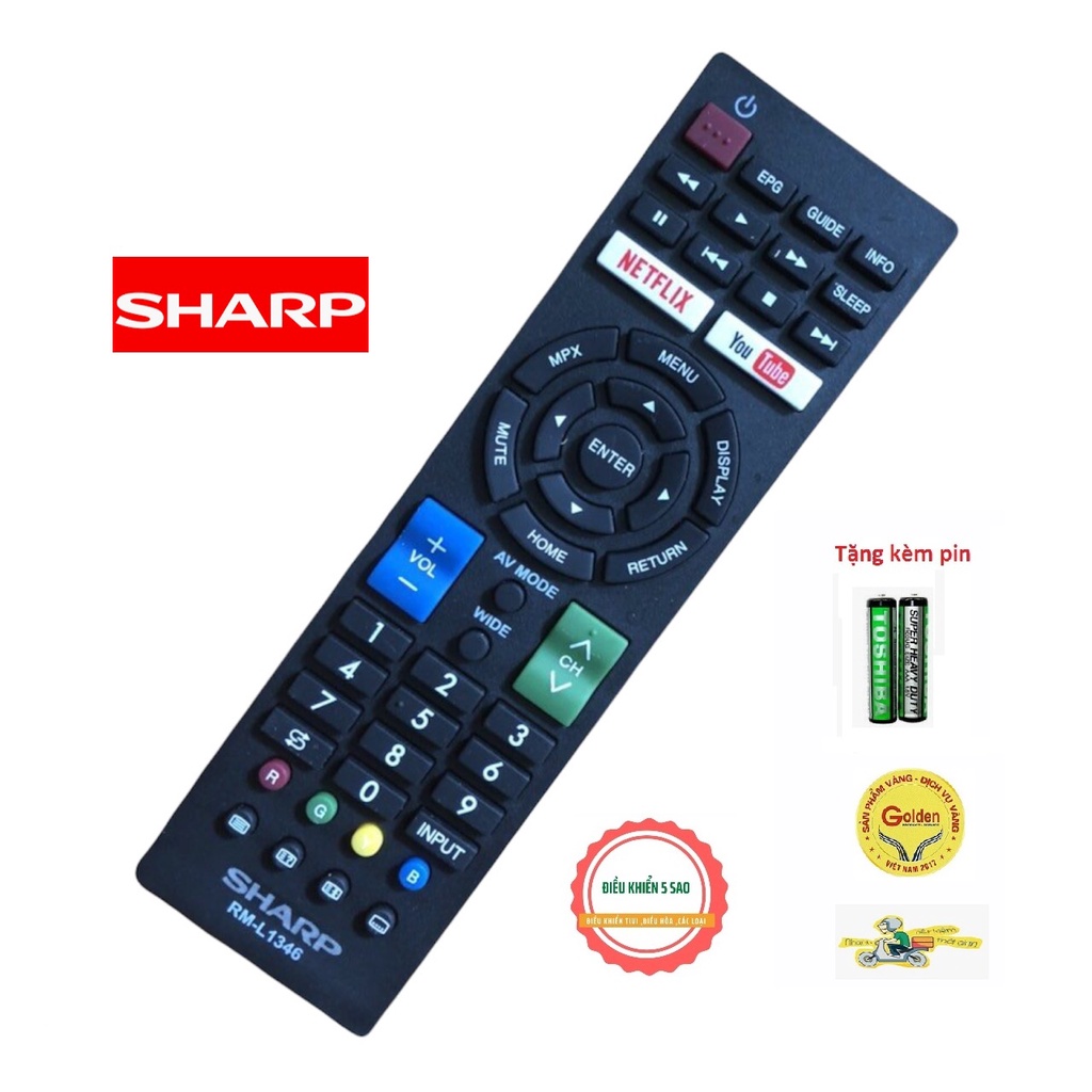 Điều khiển tivi Sharp RM-L1346 đa năng dùng cho các dòng tivi Sharp internet hiện nay - tặng kèm pin chính hãng