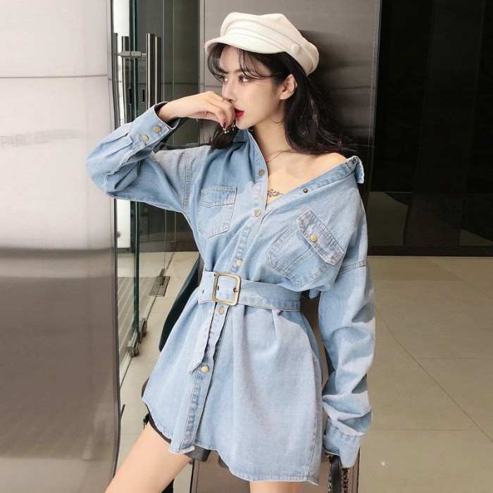 Váy Bò Denim Phong Cách Giấu Quần Kèm Đai Thắt Lưng