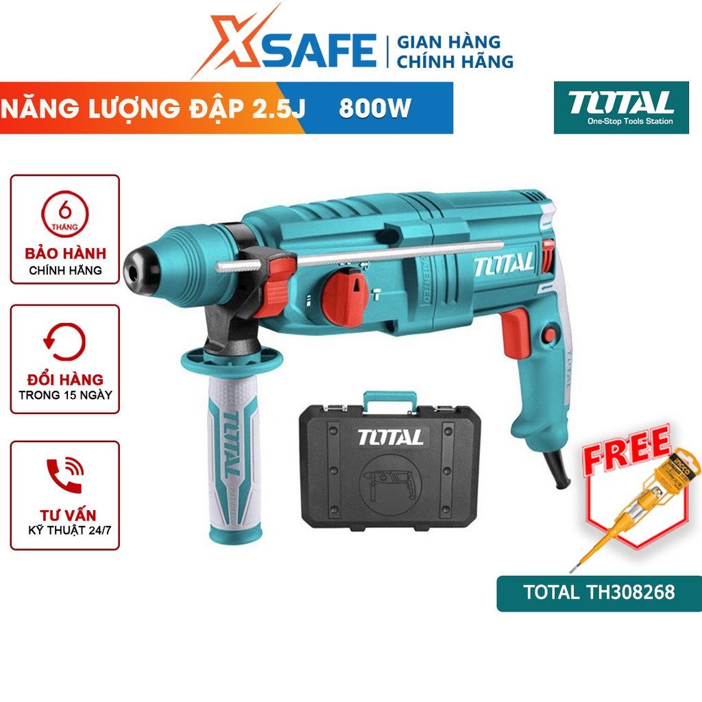 Máy khoan búa cầm tay 3 chức năng 800w TOTAL TH308268 tốc độ 1100rpm, tốc độ búa 4000bpm lực đập 2.5j, kèm mũi khoan,đục