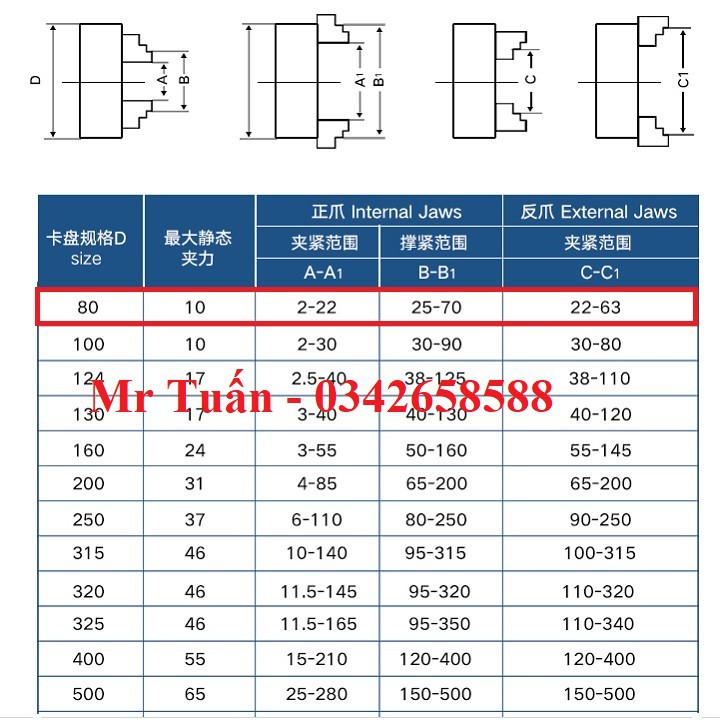 Mâm cặp 4 chấu K12-80G đường kính 80mm