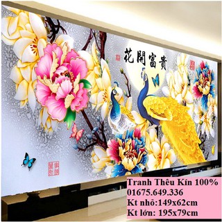 tranh thêu chữ thập đôi chim công phu thê viên mãn kt 195x79cm
