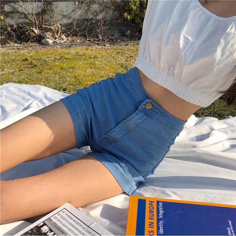 IELGY    Quần Short denim Lưng Cao Co Giãn Màu Sắc Đơn Giản Dành Cho Nữ