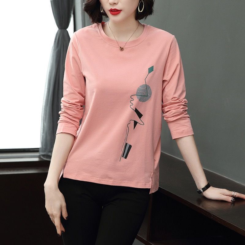 Áo thun cotton tay dài dáng rộng in họa tiết thời trang cho phụ nữ trung niên