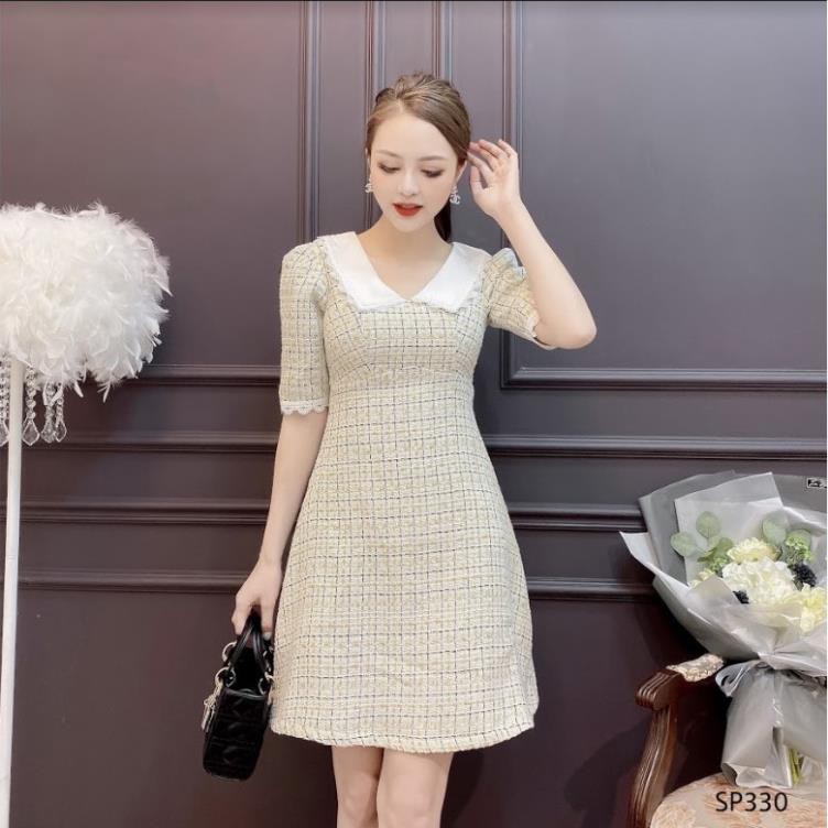 ADIOS Váy dạ kẻ cổ bèo dáng chữ a, đầm công sở tay bồng thanh lịch SP330 💝