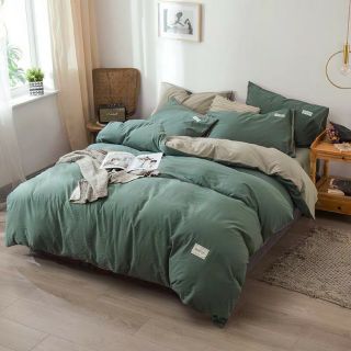 Bộ Chăn Ga Gối Xanh Bộ Đội Be Cotton Tici Đũi Cao Cấp