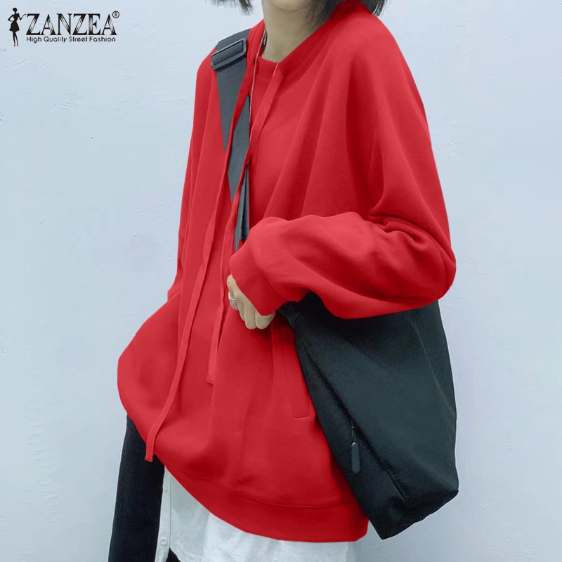 Áo khoác hoodie ZANZEA màu trơn cổ tròn tay dài thời trang dành cho nữ