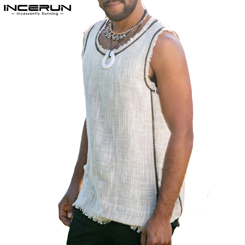 Áo INCERUN ba lỗ dáng rộng màu trơn phối tua rua kích thước S-5XL cho nam