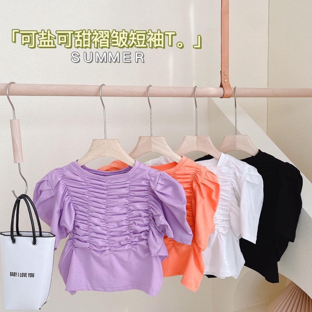 Áo Thun Cotton Tay Ngắn Phồng Xếp Ly Thoải Mái Phong Cách Âu Mỹ Thời Trang Mùa Hè Cho Bé Gái