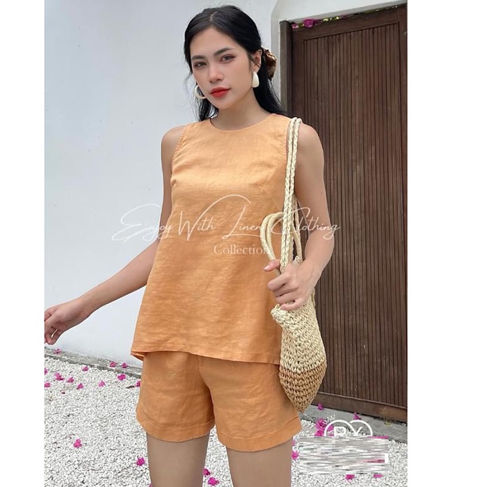 Bộ đồ linen sát nách dáng yếm trẻ trung, thời trang phong cách trẻ
