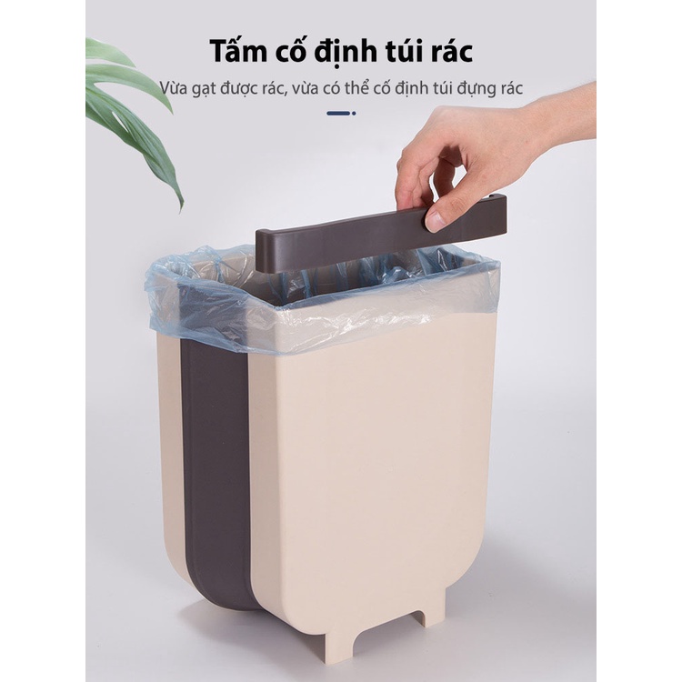 Thùng rác gấp gọn thông minh, thùng rác treo cánh tủ có thanh gạt tiện lợi (Màu nâu)