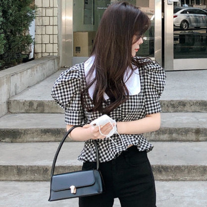 Áo Sơ Mi Ngắn Tay Họa Tiết Sọc Caro Trắng Đen Phong Cách Cổ Điển 156632 Áo Sơ Mi Cổ Búp Bê Phong Cách Phương Tây Xinh Xắn Cho Nữ