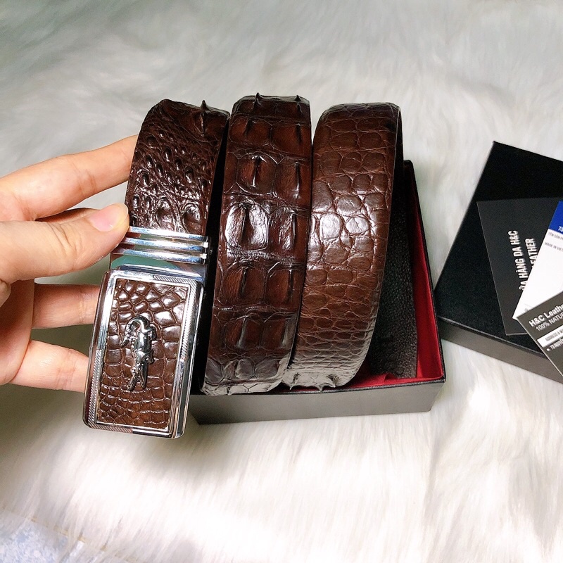 Dây thắt lưng da cá sấu thật 100%, 3.3 cm, màu nâu socola, da lưng cá sấu, đầu nịt tự động