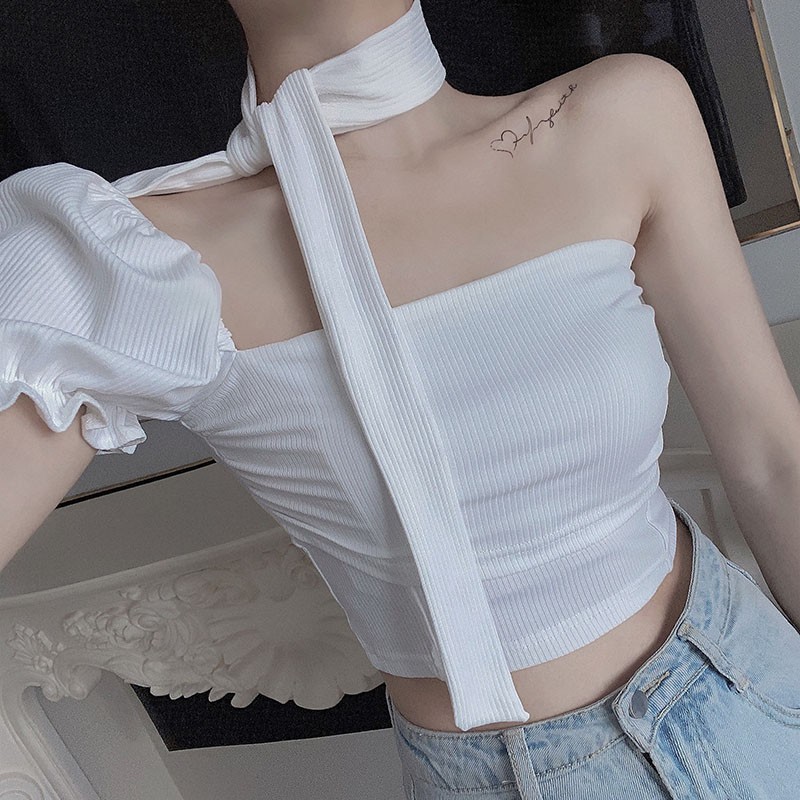  Women's Summer One-Shoulder Puff Sleeve Halter Sexy Slim T-shirt