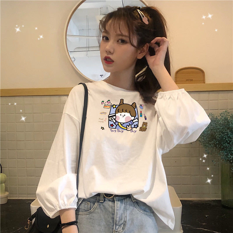 Áo kiểu tay dài phồng dáng rộng mỏng in họa tiết size lớn phong cách Hàn Quốc thời trang mới cho nữ