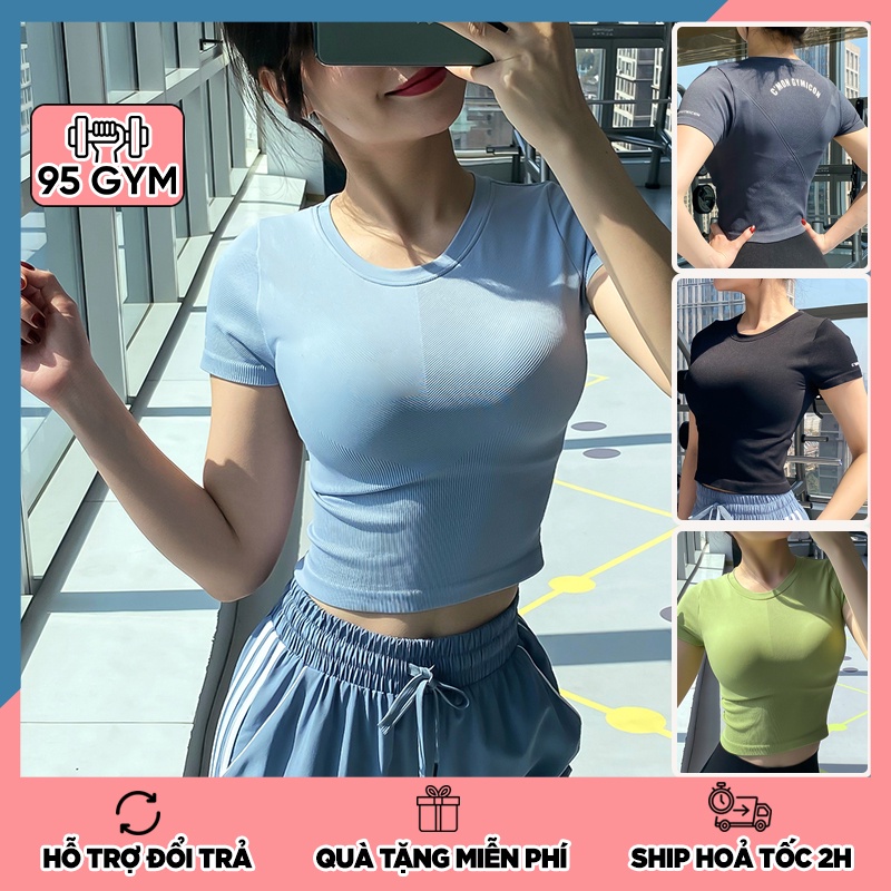 Áo tập gym yoga nữ AC12 dáng áo croptop thể thao cộc tay cổ tròn chất dệt ôm dáng co giãn 4 chiều