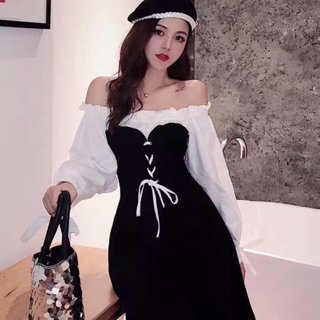 Váy thắt eo ngực đen trắng