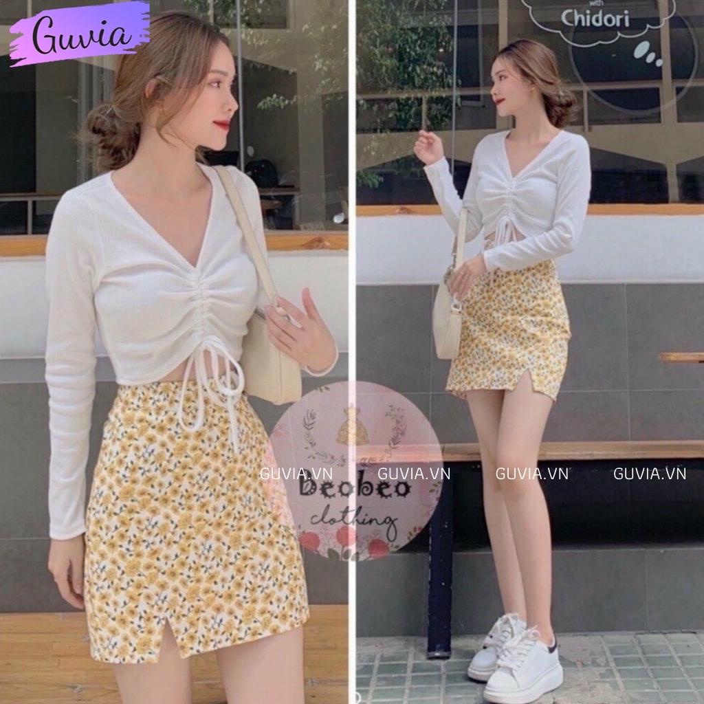 Áo Croptop Tay Dài Cổ Tim Rút Dây Kiểu Nữ Ôm Body Sexy Ulzzang GUVIA