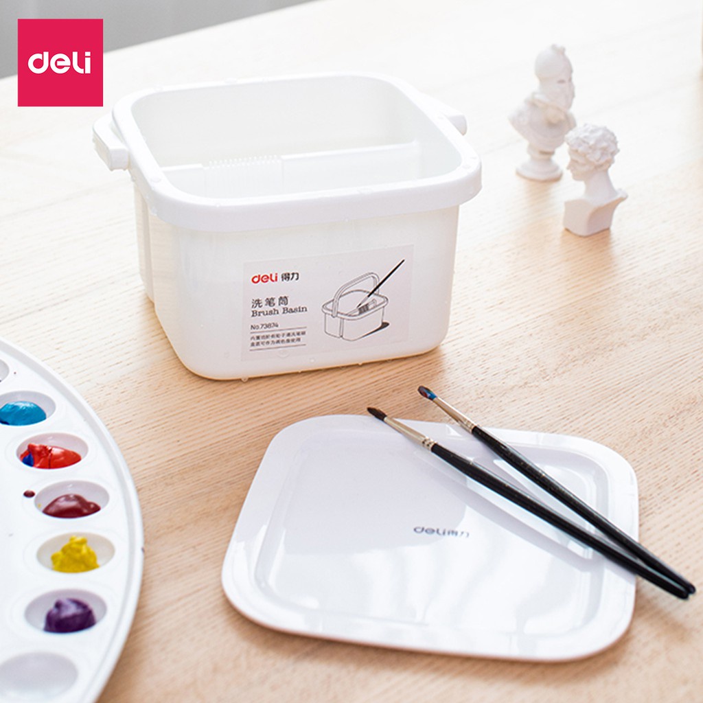 Xô rửa cọ vẽ 2 ngăn bằng nhựa Deli - kèm nắp - 1 chiếc - 73874
