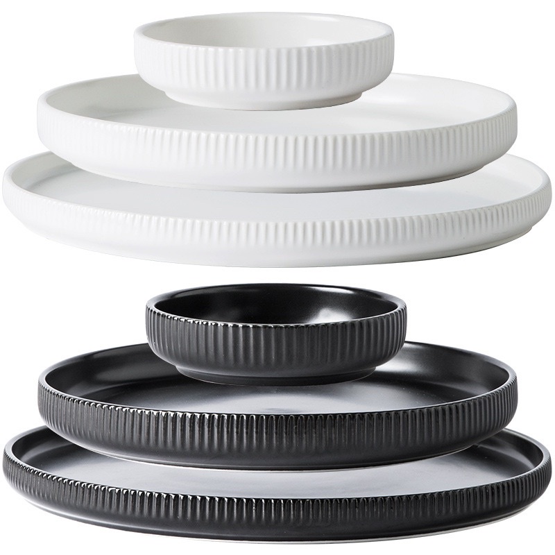 Đĩa sứ Trắng/Đen Cruise, Đĩa tròn phẳng Decor trang trí món ăn phong cách Bắc Âu