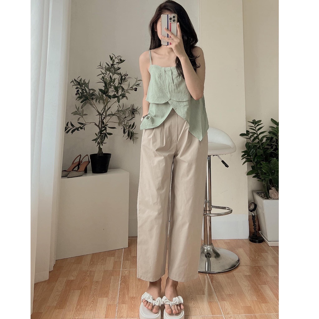 Set Áo 2 Dây Chất Đũi Xẻ Tà Vạt Chéo Xanh Cốm Quần Baggy Thô Ulzzang, Labibi