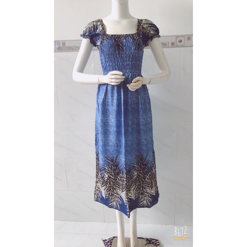 [47-60ky/chọn màu]Đầm maxi lanh tay phồng chạy chỉ thun quanh thân tôn dáng | BigBuy360 - bigbuy360.vn