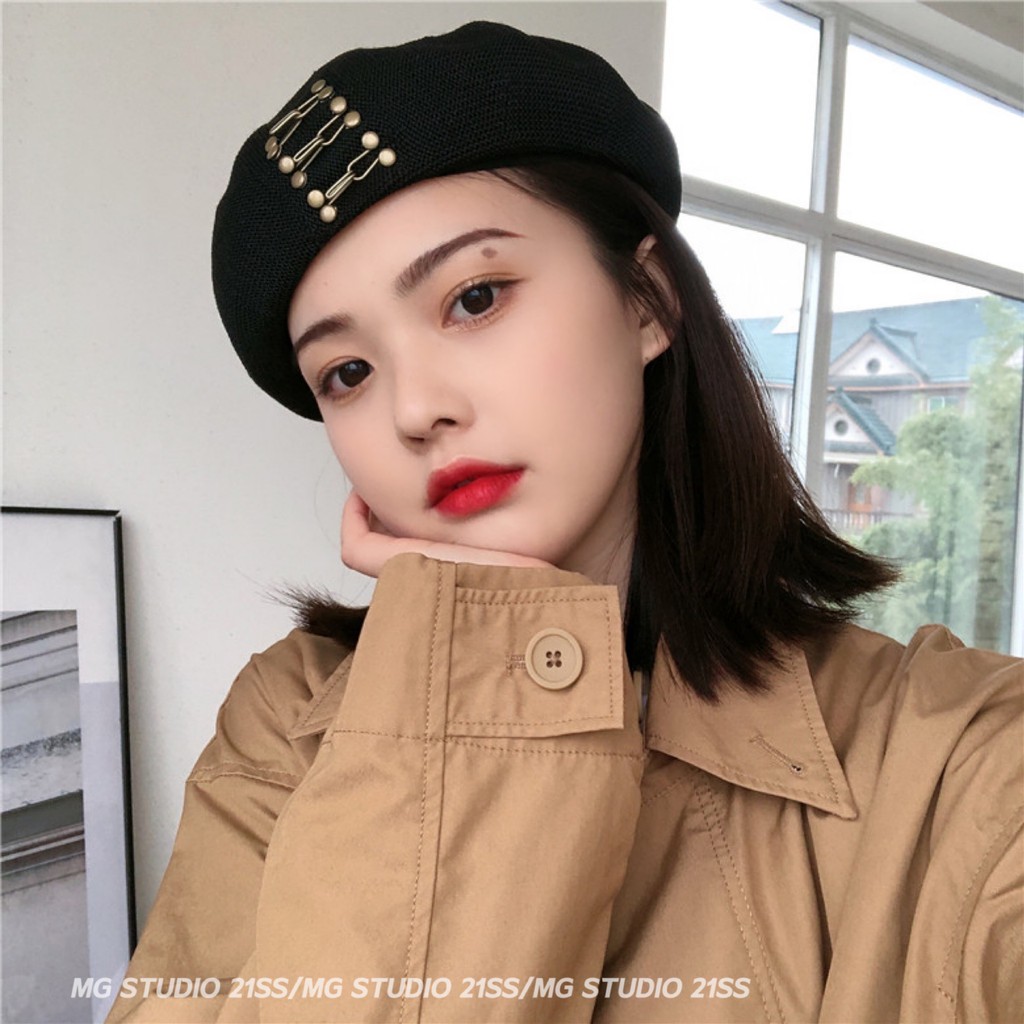 Mũ Beret MG STUDIO Chất Liệu Cotton Thiết Kế Khóa Cài Đinh Tán