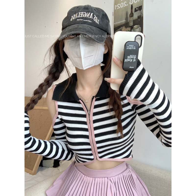 622217#Áo Cardigan Dệt Kim Cổ POLO Tay Dài Hở Vai Phong Cách Thời Trang Mùa Hè 2022 Mới