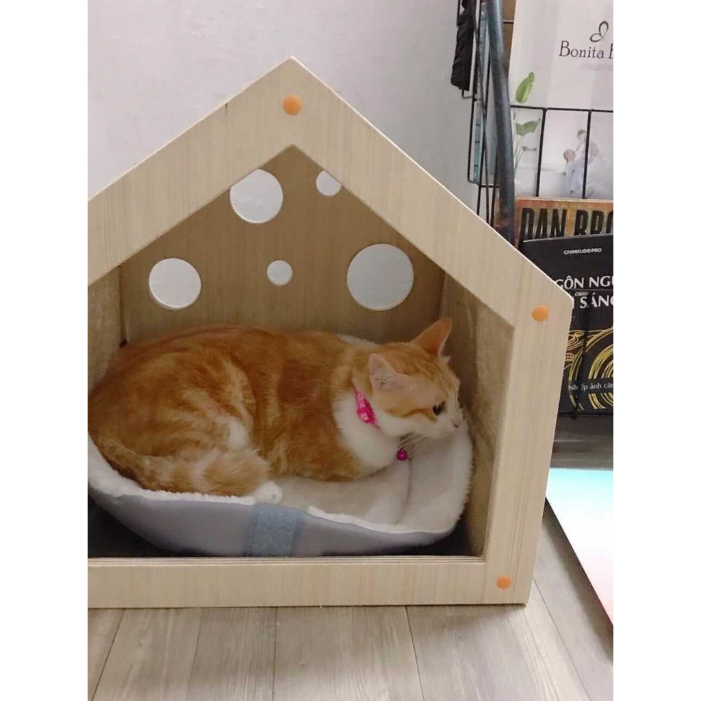 Nhà mèo, ổ nằm cho mèo gỗ Plywood nhập khẩu, vải canvas chắc chắc size to cho mèo đến 6kg Mirae Home MHCHPL02