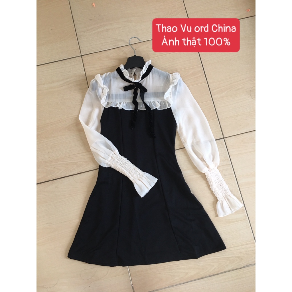 Váy Tay Bồng Nơ Đen ⚡️ẢNH THẬT⚡️Váy Đầm Cotton, Dáng Xinh Tay Dài Cho Nữ | BigBuy360 - bigbuy360.vn