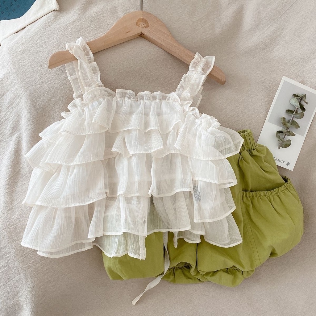 Bộ Áo Voan Không Tay + Quần Short Thời Trang Mùa Hè Hàn Quốc Mới 2022 Dành Cho Bé Gái